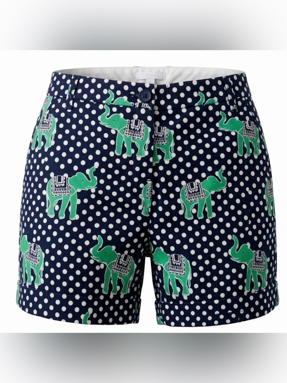 Crown & Ivy Navy Polka Dot Shorts with Green Elephant Print - Picture 2 of 5